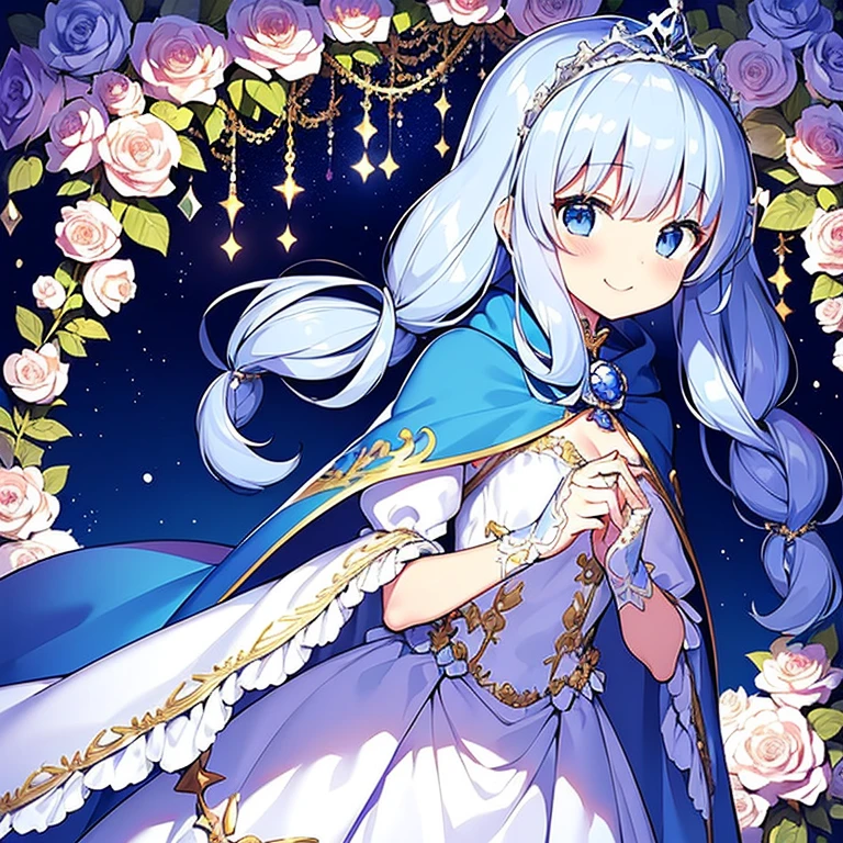 (kawaii),(masterpiece),(best quality),(ultra detailed), upper body, rococo style,(long train deep blue cape:1.1), very long cape,(long train white ball gown with flower decorations:1.05), a girl is wearing a cape over her gown, 1 little princess, tiara, smile, very long hair