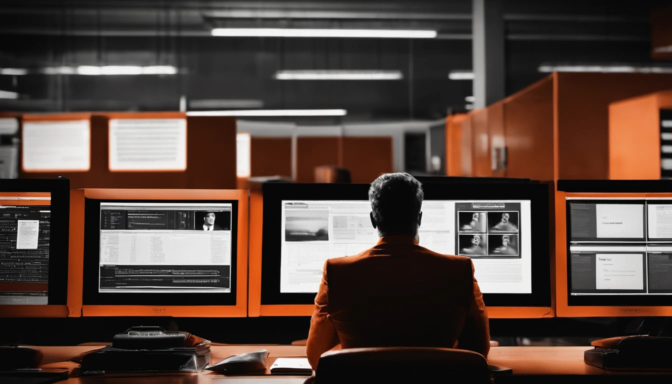 The male professional in black and white attire Surrounded by documents and computer screens. "Veeva" in Orange color is written on the Computer screen. A shot from behind. The male professional .