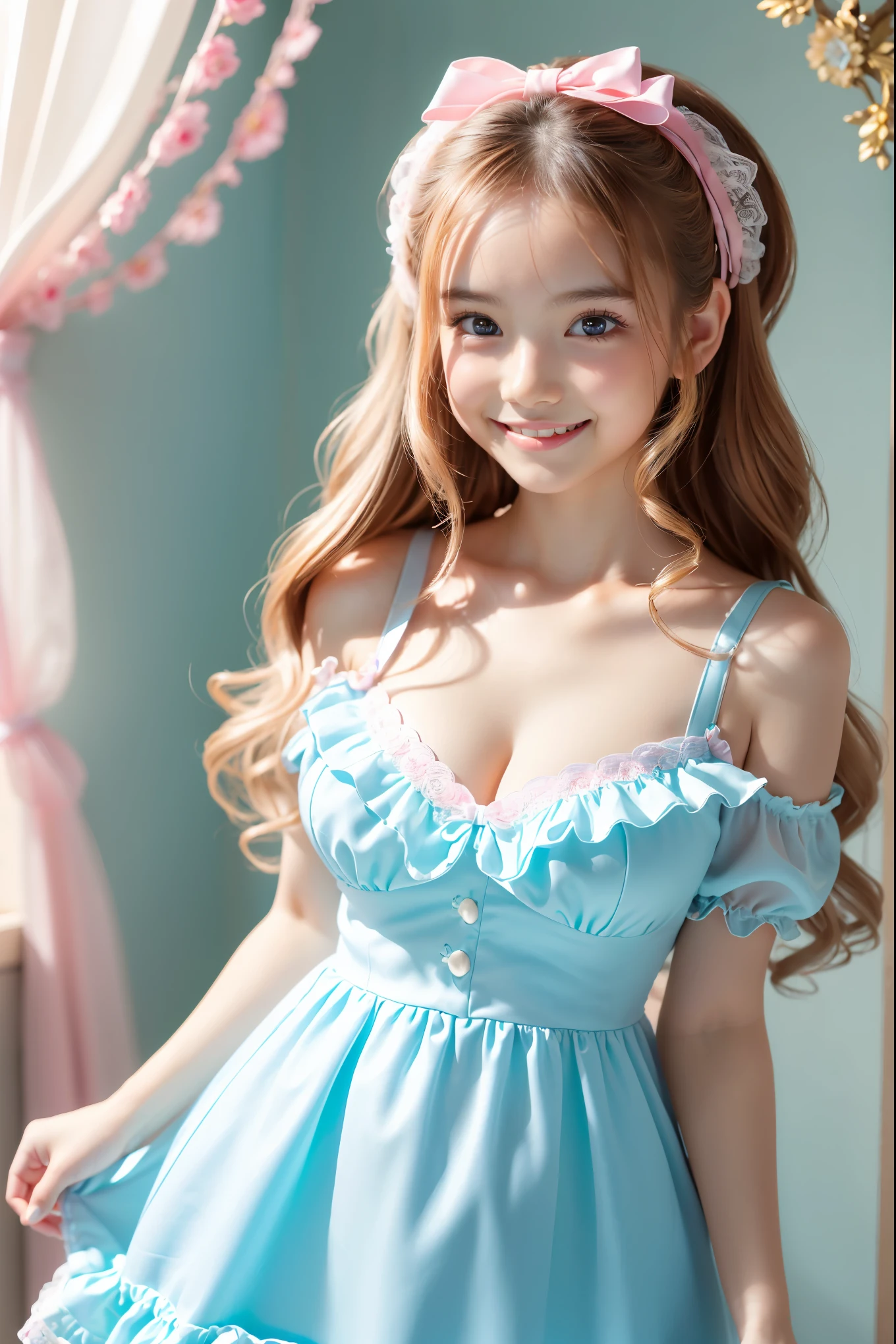 (highest quality、masterpiece、8K、best image quality、hyper realism、Award-winning work)、A cute ****ta girl、(solo:1.1)、(1 photo:1.1)、(A cute, girly, light pink, sheer ****ta dress:1.2)、(Cute girly big ribbon:1.1)、(Cute and luxurious hair accessories:1.1)、(A perfect ****ta dress with intricate details:1.2)、(Cute frilled and ribbon dress:1.1)、(A cute ****ta dress with lace decorations:1.1)、(Cute girly ****ta wavy hair:1.1)、(low length:1.1)、(Height: 140cm:1.1)、(very big breasts:1.2)、(glamorous body:1.1)、(big cleavage:1.1)、(pink rose:1.1)、(Cute heart symbol:1.1)、Lots of cute frills、(big cute ribbon:1.1)、emphasize body line、slender body、Standing gracefully、(Pastel color girly and luxurious ****ta room background:1.1)、(Intricately detailed fairytale ****ta room:1.1)、(Cute light blue decorative wall:1.2)、(A cute room with a girly atmosphere in pastel colors:1.1)、(A cute room with very bright and shiny pastel colors:1.4)、(Very bright and shiny room:1.2)、(Filled with pastel colors:1.2)、(very bright and vivid:1.2)、(Cute pastel colored wall decorations:1.2)、blurred background、A girl standing gracefully、accurate anatomy、perfect makeup、long eyelashes、glossy lips、Ultra high definition glossy skin、(Ultra-high definition bright and beautiful skin:1.2)、(Super bright and radiant skin:1.2)、超高精細のglossy lips、Super high definition beautiful teeth、late pregnancy