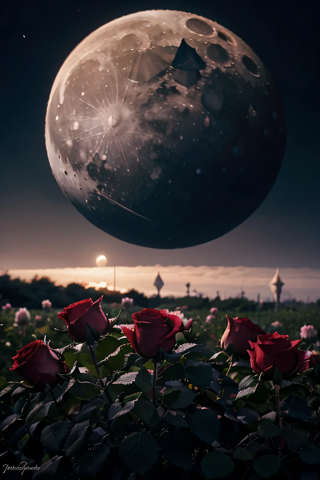 Rose flowers, garden, the kingdom of roses, moon, bright moon, with a dim background, surrounded by roses, and the moon is very large.inspired by the little prince-inspired,