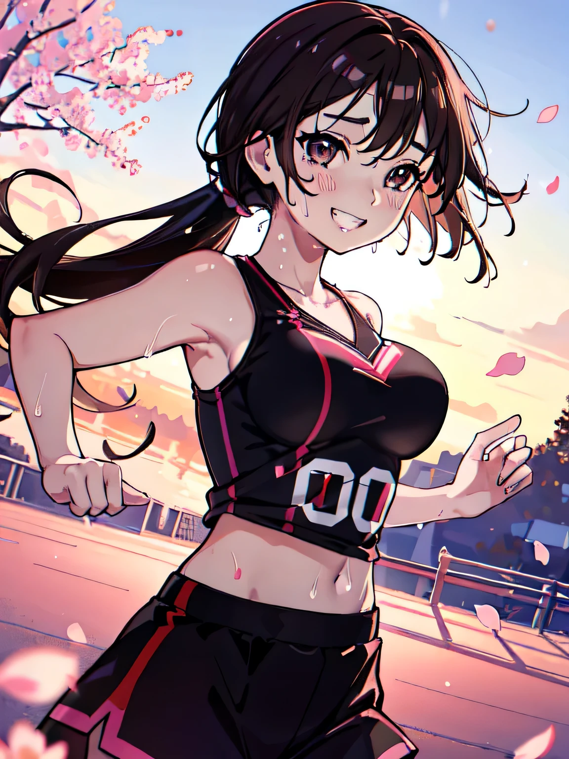 (absurdres:1.5), (anatomically correct), (basketball jersey), (raw photo:1.2), (photorealistic:1.5), (1 ultimate cute girl:1.5), ultimate quality, (masterpiece:1.5), extremely detailed CG unity 8k wallpaper, ultra-detailed, detailed puffy eyes and face, (ultimate detailed brown shiny eyes:1.2), (spotlight, perfect lighting, detailed light, dramatic shadow, ray tracing), ((cowboy shot)), (brown low ponytail), (((body dripping with sweat))), lipsticks, (mega breasts:1.5), slender, ((grinning:1.5)), digital painting, (fisheye), low angle from side front, blurring cherry blossom scenery background, looking away, windy, (colorful illusion particles), (running away:1.5), photo once in 1000 years, sunset, orgasm, weak shading