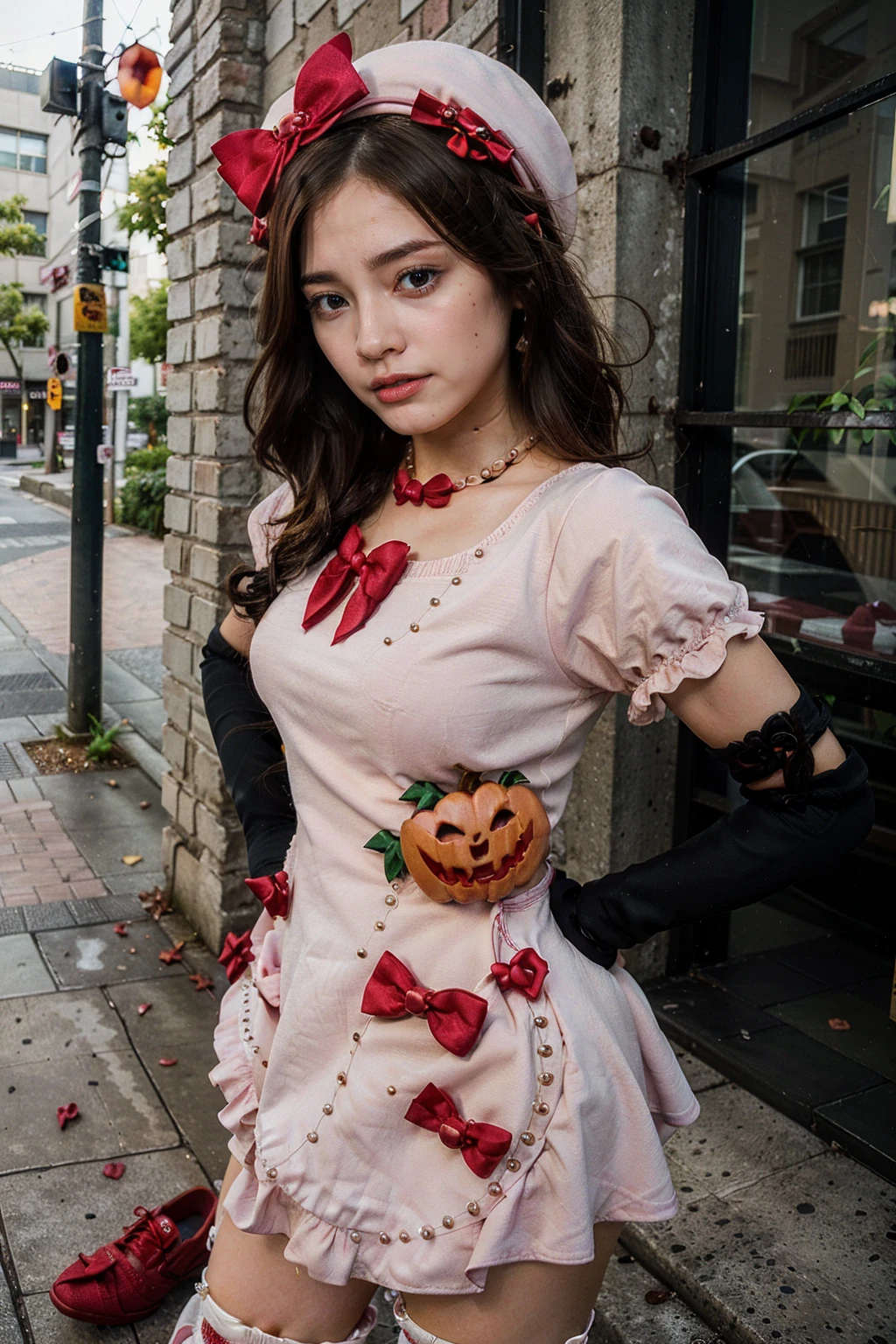 (1 lady), The beautiful, (Best quality at best:1.4), (ultra - detailed), (extremely detailed CG unified 16k), asian-european, realistic cinematic face, head to feet long wide zoomed out view, full body long view , photorealistic, ((honey eyes)), gorgeous, extremely beautiful face, perfect model beauty, pout mouth, flirting smile, city girl, western, shopping in the city, (masterpiece), best quality, high resolution, extremely detailed, depth of field, cinematic lighting, amazing legs, high heels, very detailed, High-definition RAW color photo, professional photoshooting, amazing face and eyes, cosmetics, (amazingly beautiful girl), ((lambdadelta)), ((dress, shoes bow, red shoes, striped stockings, red bow, pink hat, necklace, gloves, pearl, pumpkin brooch, pink dress)),