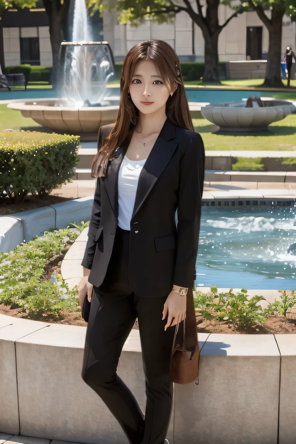 highest quality, Photoreal, Super detailed, finely, High resolution, 8k wallpaper, Professional, Advanced level of detail, A female college student posing by a fountain in a park, slender Japanese woman, ((facing the front)), detailed clavicle, Medium chest、perfect face, medium long hair, chestnut hair、(black suit:1.5)、gentle smile、((full body shot:1.5))、(tanned brown skin:1.5)