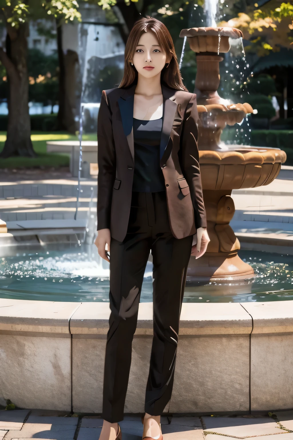 highest quality, Photoreal, Super detailed, finely, High resolution, 8k wallpaper, Professional, Advanced level of detail, A female college student posing by a fountain in a park, slender Japanese woman, ((facing the front)), detailed clavicle, Medium chest、perfect face, medium long hair, chestnut hair、(black suit:1.5)、gentle smile、((full body shot:1.5))、(tanned brown skin:1.5)