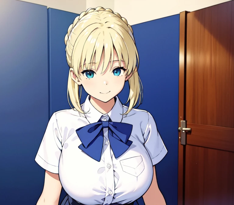 one very young slim fit girl, full height, rounded face, big blue eyes, shy smile, perfect super huge breasts, pioneer neckerchief, micro tight blue pleated skirt, bangs, tight white shirt, short sleeves, collared shirt, belt, red neckerchief, breast pocket, braid, hair ribbon, blue ribbon, short curly fluffy blonde hair, saber