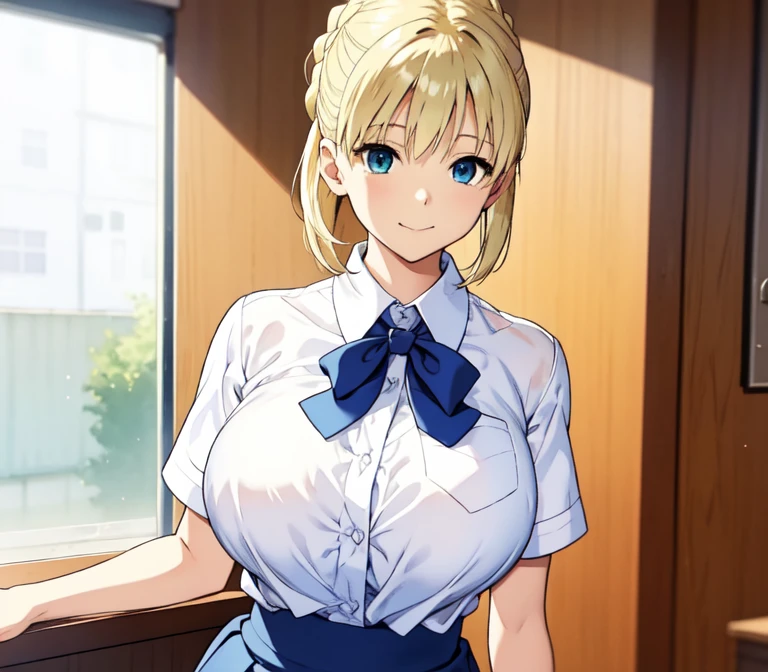 one very young slim fit girl, full height, rounded face, big blue eyes, shy smile, perfect super huge breasts, pioneer neckerchief, micro tight blue pleated skirt, bangs, tight white shirt, short sleeves, collared shirt, belt, red neckerchief, breast pocket, braid, hair ribbon, blue ribbon, short curly fluffy blonde hair, saber