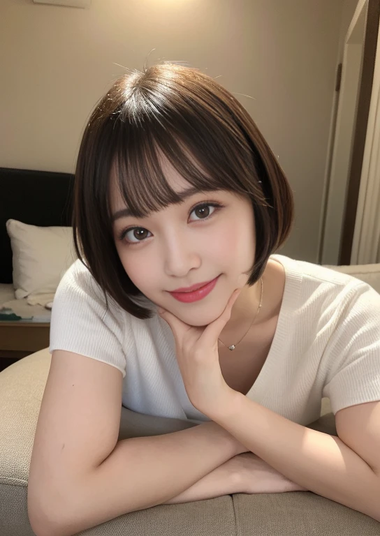finely, High resolution, high quality、perfect dynamic composition, detailed and beautiful eyes, bob layer cut、natural color lip, despise、from below、25 years old、men and women、couple、Woman sitting on sofa with Lovelan、transparent skin、shining hair、Bedroom、in the room、frontage、beautiful feet、shake your head、genius genius smile、slight smile、laughter、look at the camera