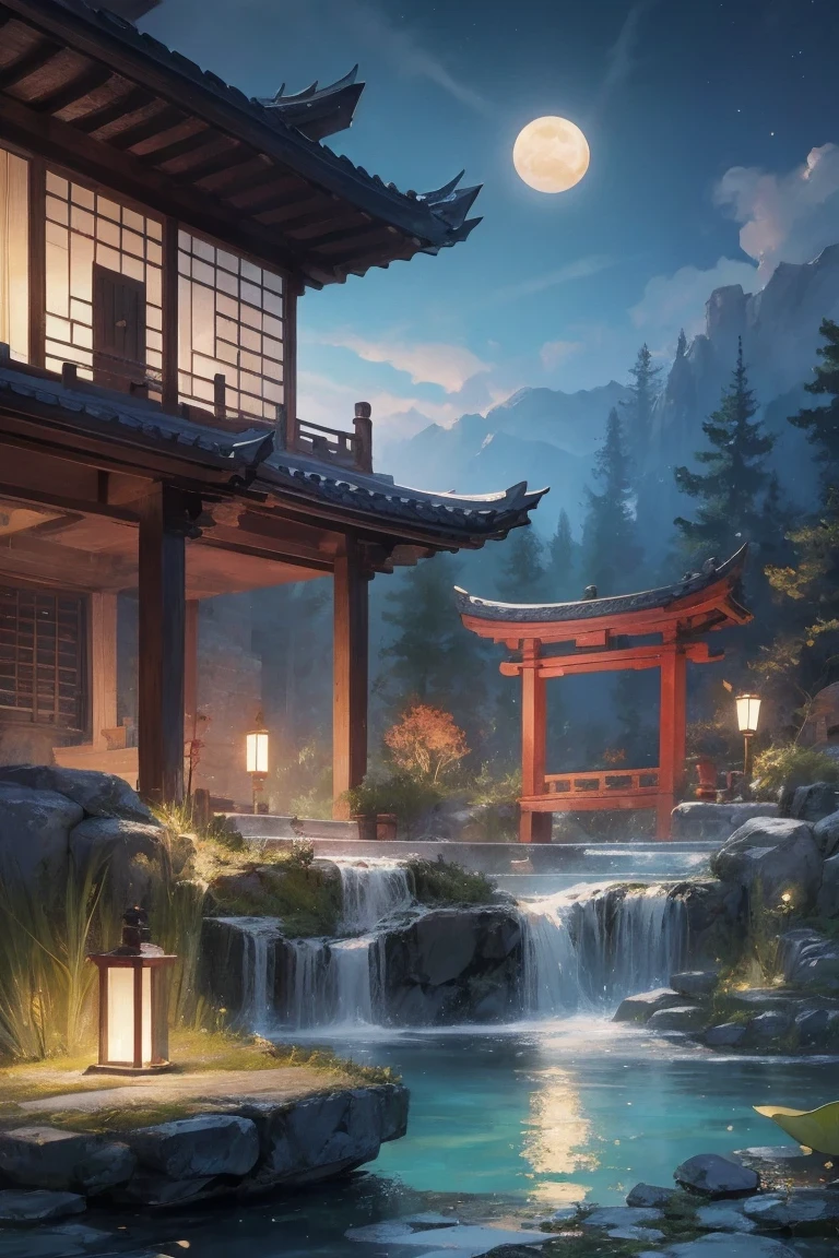 Ancient Chinese architecture, moon, midnight, garden, bamboo, lake, stone bridge, rockery, arch, corner, Tree, tap water, landscape, outdoor, Fall, Grass, rock, lotus, hot spring, water vapor, (illustration: 1.0), epic work, Realistic lighting, HD details, masterpiece, best quality, (Very detailed CG Unity 8k) - At 6 o'clock