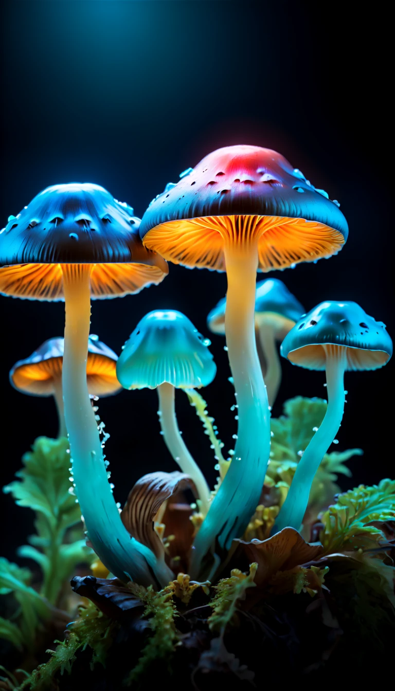 (best quality,Super detailed),professional,close up,bioluminescent mushrooms,sharp focus,bright colors,studio lighting