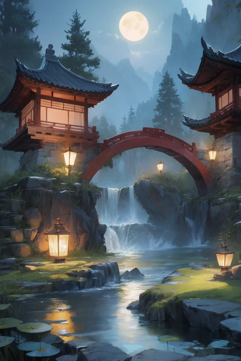 Ancient Chinese architecture, moon, midnight, garden, bamboo, lake, stone bridge, rockery, arch, corner, Tree, tap water, landscape, outdoor, Fall, Grass, rock, lotus, hot spring, water vapor, (illustration: 1.0), epic work, Realistic lighting, HD details, masterpiece, best quality, (Very detailed CG Unity 8k) - At 6 o'clock