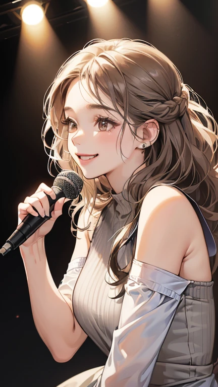 (table top, digital illustration, 4k, 8k, Super detailed, beautiful images, clear image, perfect face, perfect lines, perfect eyes, soft lighting) 1 female, (Singing a song, on stage, gray long wavy hair, innocent look, look at viewer, side view,Over-the-shoulder ,droopy eyes, brown eyes, innocence, cute, smile gently,27 years old:1.3), full of light,(embarrassing, shy smile:1.2), sleeveless black knit, Piercing, bad finger