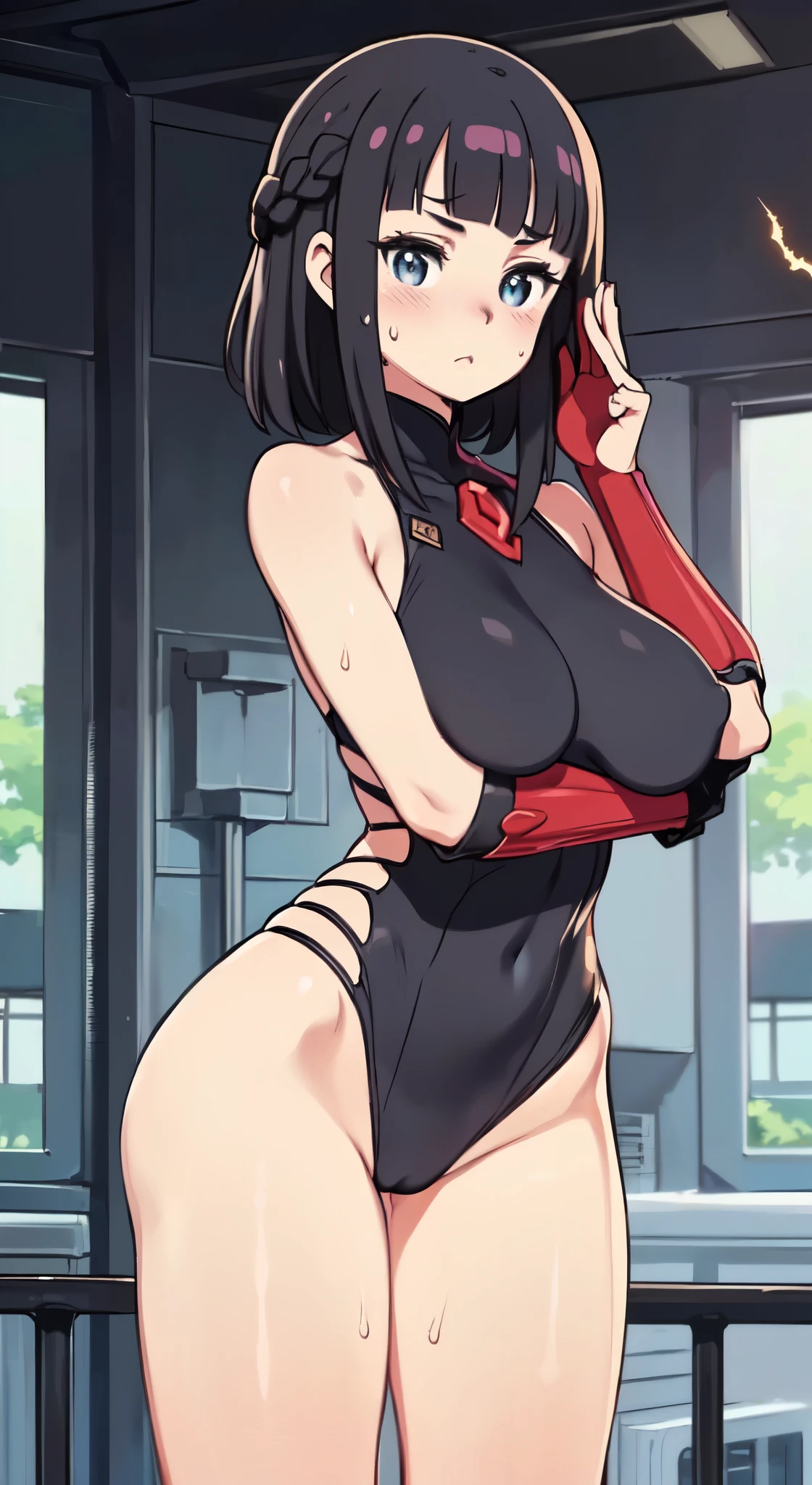 ((table top, highest quality, High resolution, nffsw, perfect pixel,  4k, nffsw, nffsw、Anime Screen Capture、Red Gauntlet))), 1 girl, single, alone, Beautiful woman、I could see the whole body、 ((middle wave hair, dull bangs, Braid black hair)), ((Red and shattered eyes, beautiful eyelashes, realistic eyes)), ((detailed face, blush:1.2)), ((smooth texture:0.75, realistic texture:0.65, realistic:1.1, Anime CG style)), ((muscular、huge breasts,wide ass、wide hips、thick thighs、both armpits))、(((Black and white sci-fi suit、Red back of hand))), perfect body, In town、((Very embarrassed、Sweat))、