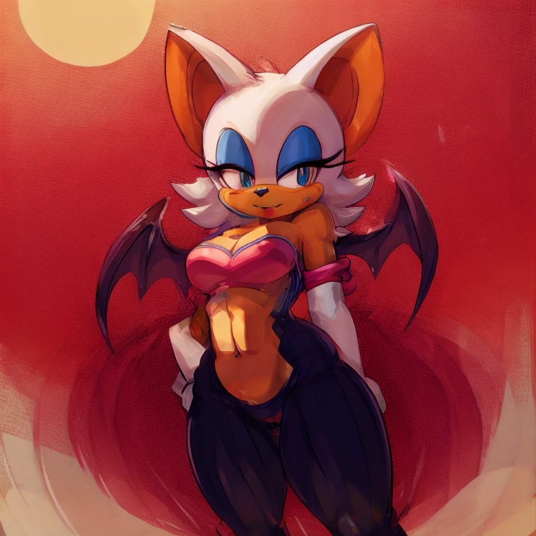 Rouge the bat with abs wearing a crop top of her original outfit with a bare midriff and a bare navel , digital art, ((perfect face)), ((best quality)), ((masterpiece))