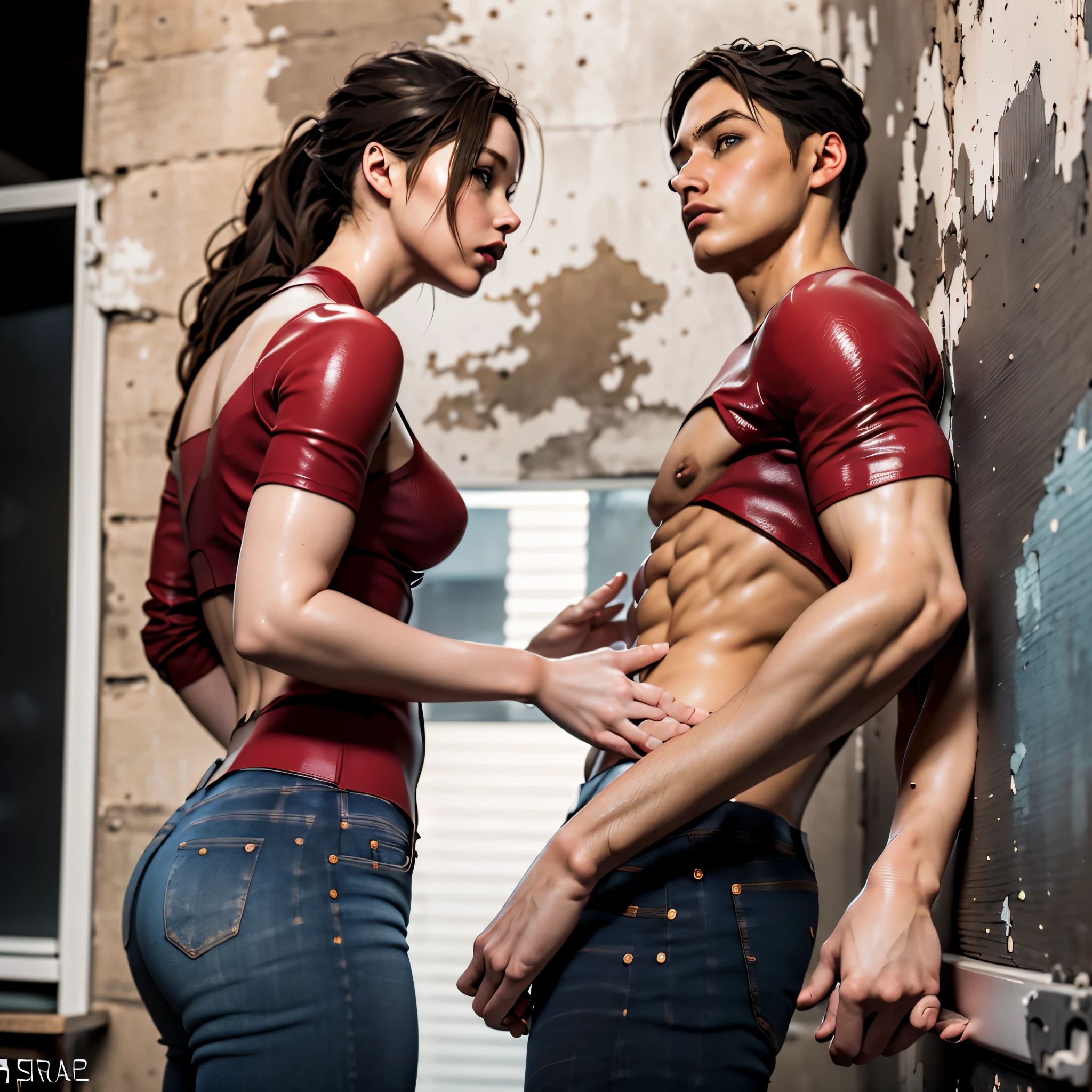 (masterpiece, best quality), 1girl and 1 man, claireredfield2, wear jeans, kiss the man , girl back, the man is pressing girl against the wall