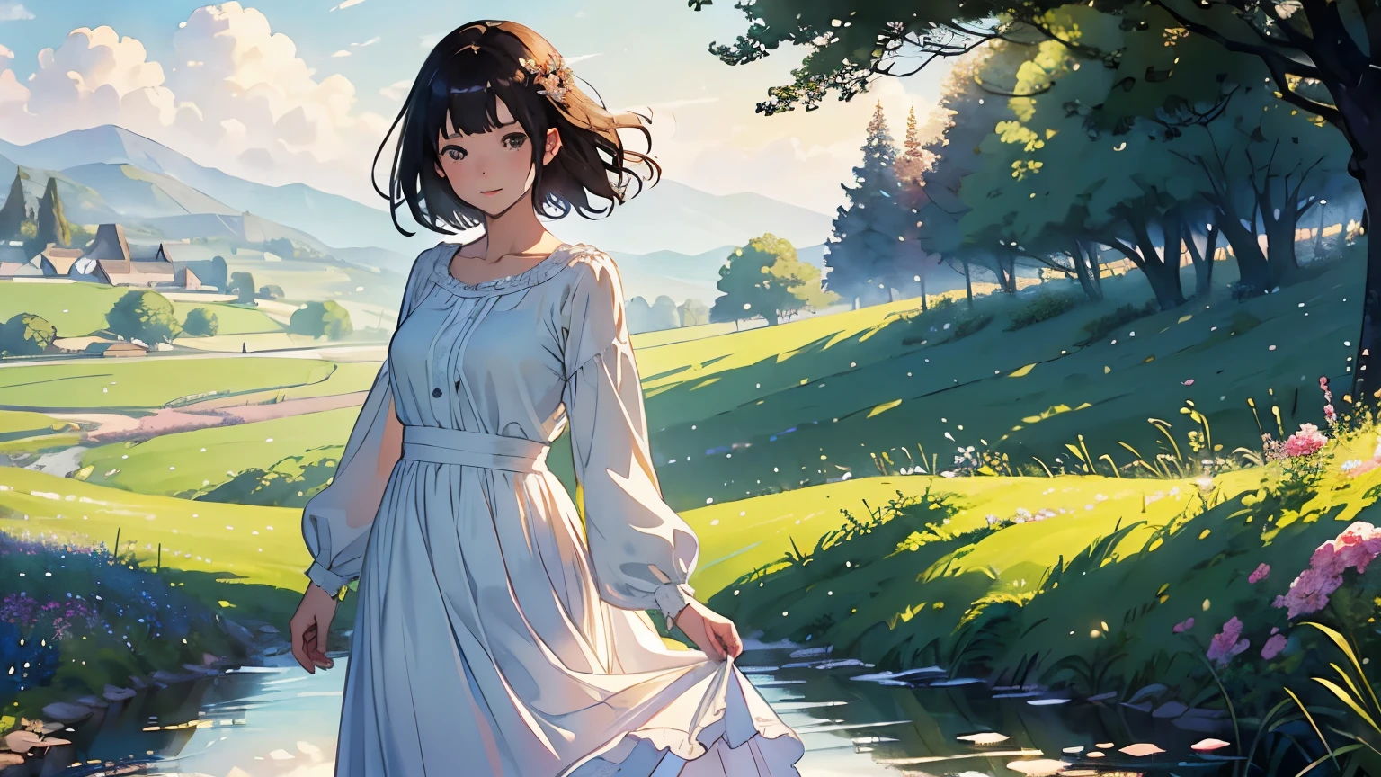 ((highest quality、masterpiece、High resolution))、(Sargent style watercolor)、(anime art)、soft light、Cotswold scenery、stream、flowers bloom、(1 woman)、medium short hair、dark brown hair、braided hair、(Detailed depiction of a beautiful face)、smile gently、White blouse and long skirt、picnic、Standing on a hill、blown by the wind、cinematic light、soft sunlight、blur the background、