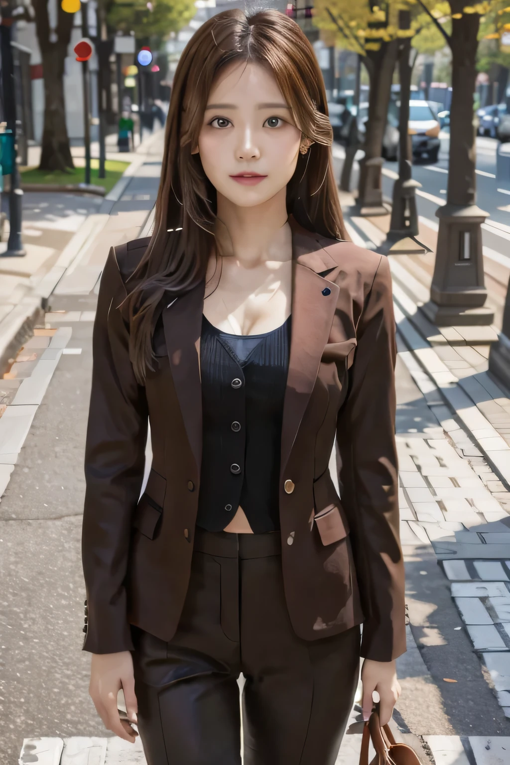 highest quality, Photoreal, Super detailed, finely, High resolution, 8k wallpaper, Professional, Advanced level of detail, A female college student posing at the company entrance, slender Japanese woman, ((facing the front)), detailed clavicle, Medium chest、perfect face, medium long hair, chestnut hair、(black suit:1.5)、gentle smile、((full body shot:1.5))、(tanned brown skin:1.5)