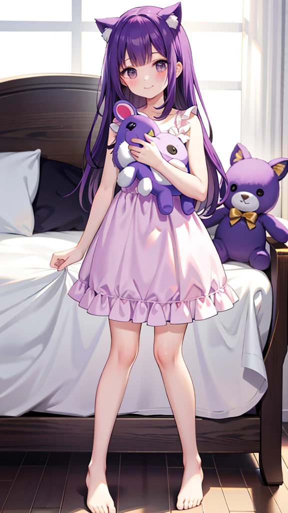 whole body,full body,Standing picture,standing position,Photographed from the front,from front,Girl holding a stuffed toy,purple hair,one piece,Room wear,cute,smile