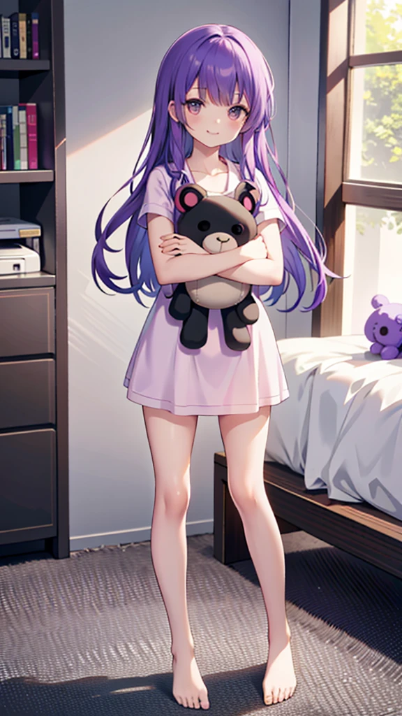 whole body,full body,Standing picture,standing position,Photographed from the front,from front,Girl holding a stuffed toy,purple hair,one piece,Room wear,cute,smile