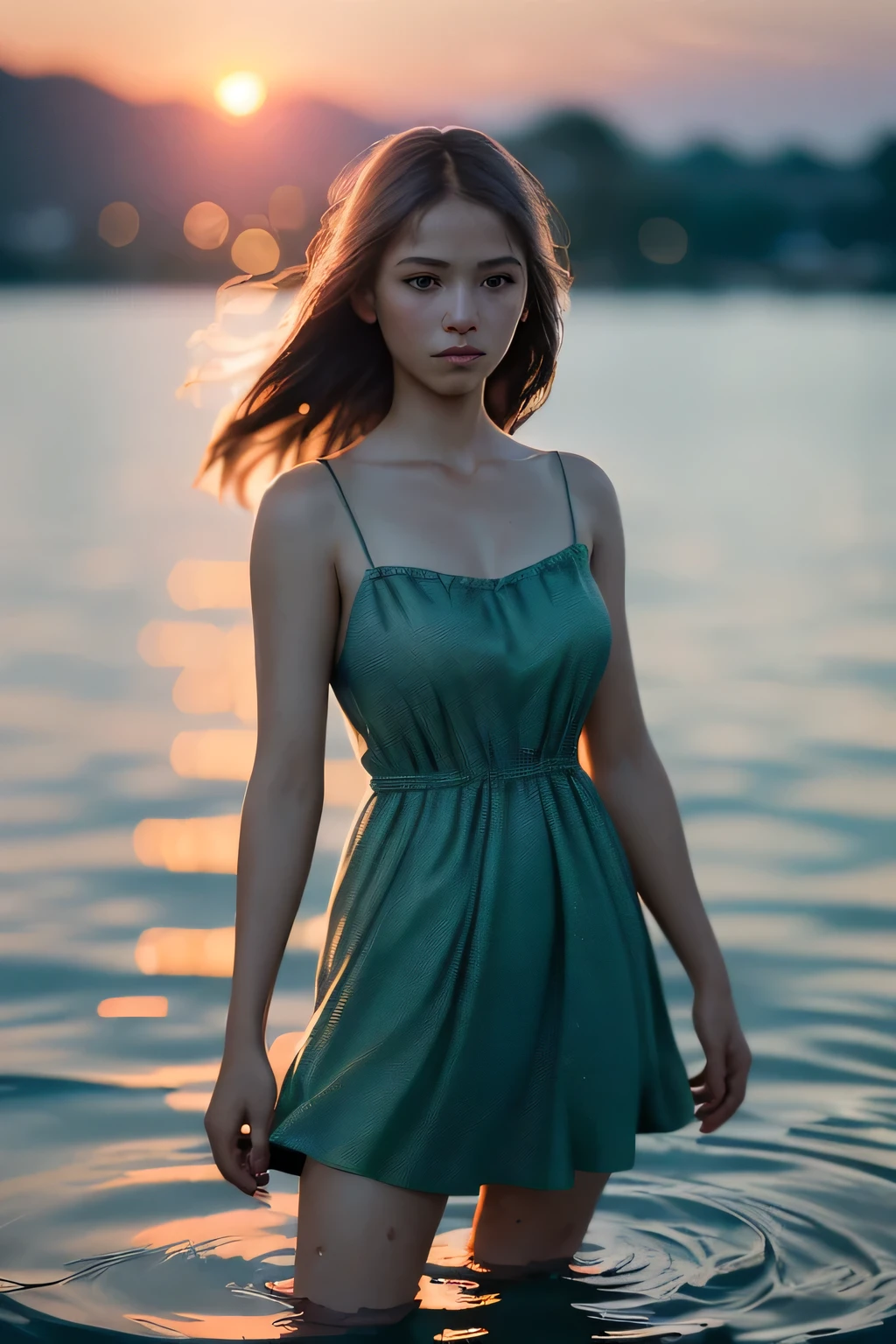 (masterpiece), (very complicated:1.3), (realistic), girl portrait, stood in the water, the most beautiful in the world, (camisole dress), sateen reflection, outdoor, intense sunlight, distant fortress, Stunning female professional photo details, sharp focus, dramatic, Award history, cinematic lighting, Octane Rendering Unreal Engine, volumetrics dtx, (film grain, blurred background, blurred foreground, Bokeh, Depth of the bounds written, sunset, motion blur:1.3)