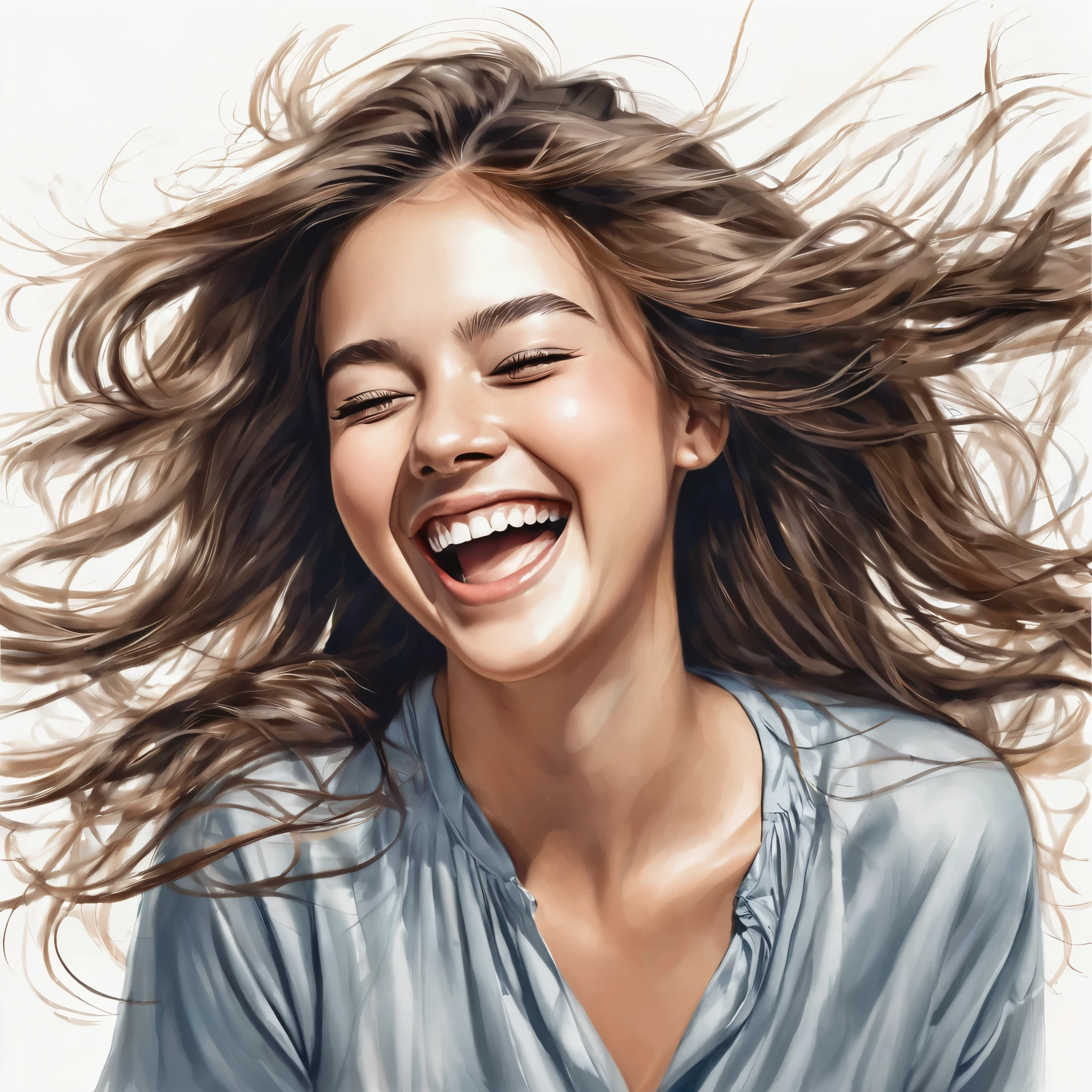 A beautiful girl laughing, tratando de mantener la calma pero incapaz de reprimir su risa, cabello largo, ojos cerrados, dibujo realista a pluma, boceto ilustrativo aproximado, obra maestra