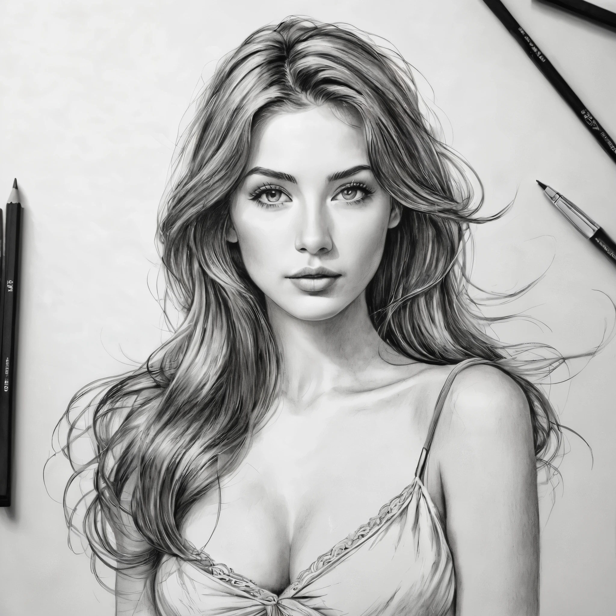 Bella donna, posa testa a spalle, capelli lunghi, disegno a penna ruvido con tratti minimi, capolavoro