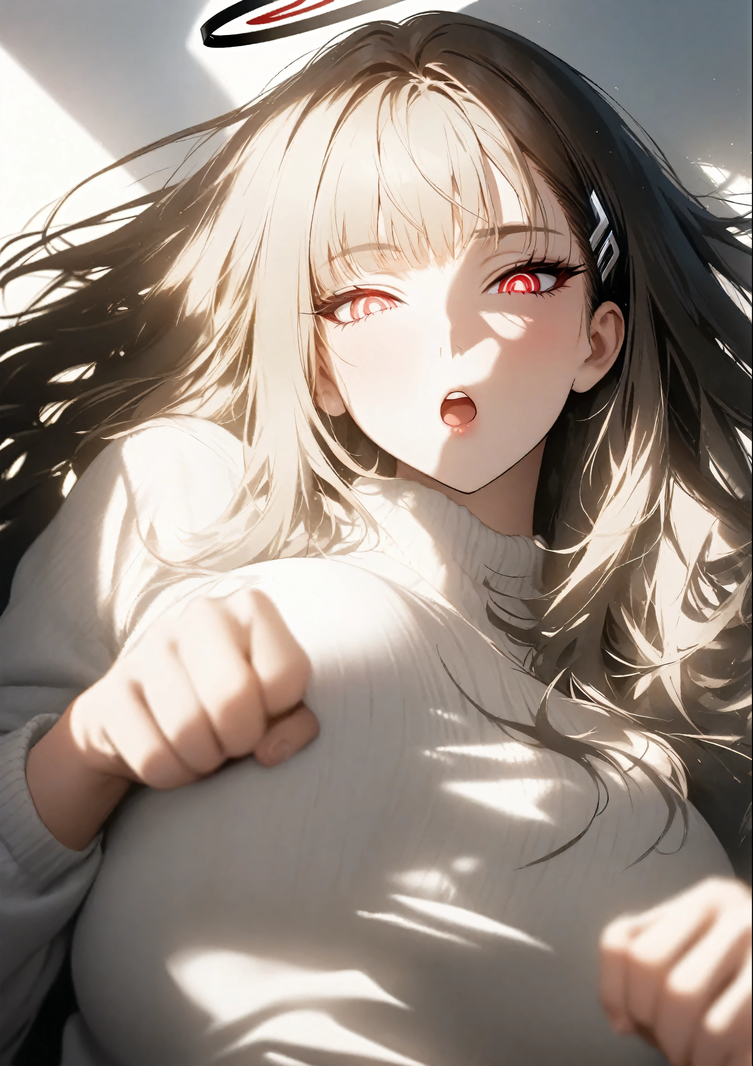 1girl, official art, no text, rio \(blue_archive\), halo, long hair, breasts, big breasts, white sweater, paw pose, white background, :o, upper body, depth of field, masterpiece, best quality, realistic light and shadow, high key lighting, (balanced photo, balanced exposure), (pov:1.4)
