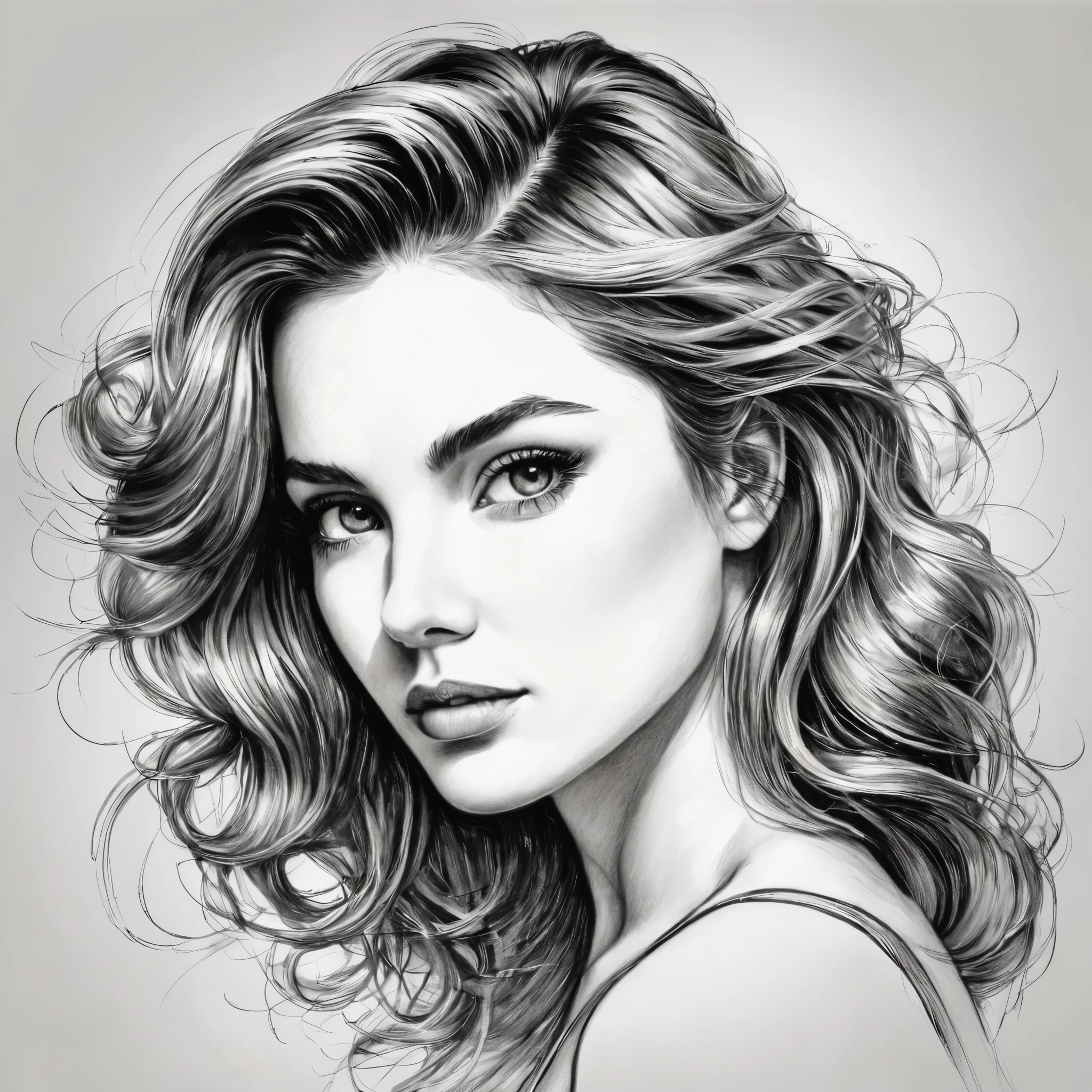 Bella donna, posa testa a spalle, capelli lunghi, disegno a penna ruvido con tratti minimi, capolavoro