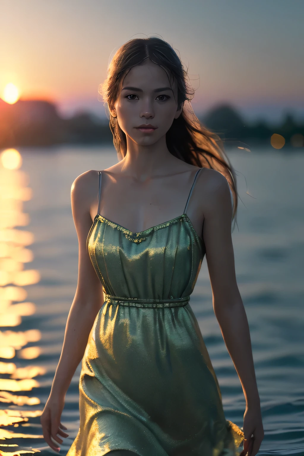(masterpiece), (very complicated:1.3), (realistic), girl portrait, stood in the water, the most beautiful in the world, (camisole dress), sateen reflection, outdoor, intense sunlight, distant fortress, Stunning female professional photo details, sharp focus, dramatic, Award history, cinematic lighting, Octane Rendering Unreal Engine, volumetrics dtx, (film grain, blurred background, blurred foreground, Bokeh, Depth of the bounds written, sunset, motion blur:1.3)