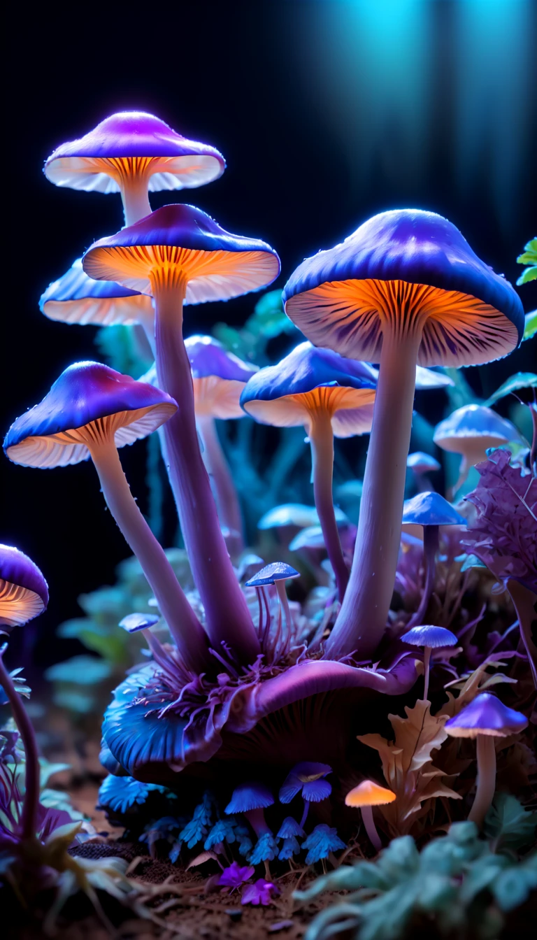 (best quality,Super detailed),professional,close up,Bioluminescent Purple Blue Mushroom,sharp focus,bright colors,studio lighting