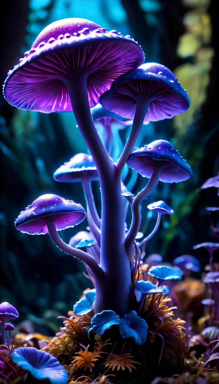 (best quality,Super detailed),professional,close up,Bioluminescent Purple Blue Mushroom,sharp focus,bright colors,studio lighting