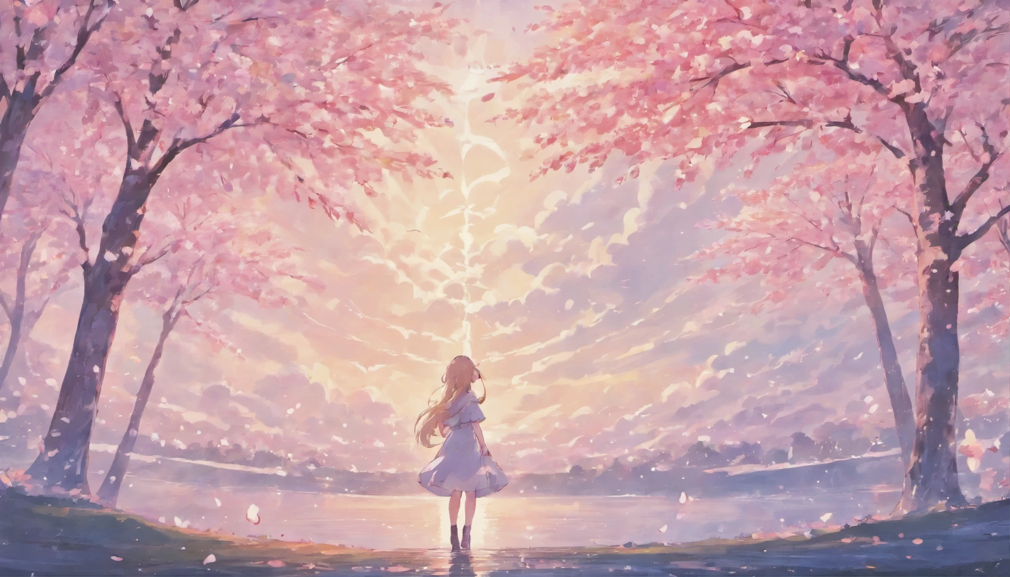 A fairyland in the white clouds, dreamy and romantic,Ultimate simplicity,On the lake, cherry blossoms , ((Flying petals)) , woman , back view , , , ,