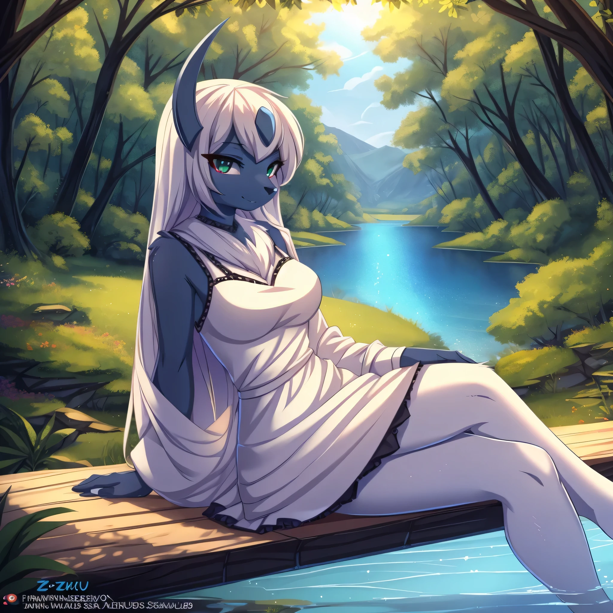 female, small breasts, draenei, biting lip, blushing, blue skin, white hair, thicc tail, slim, beach, spread legs, facing viewer, naked, sitting on rock, cumdrip