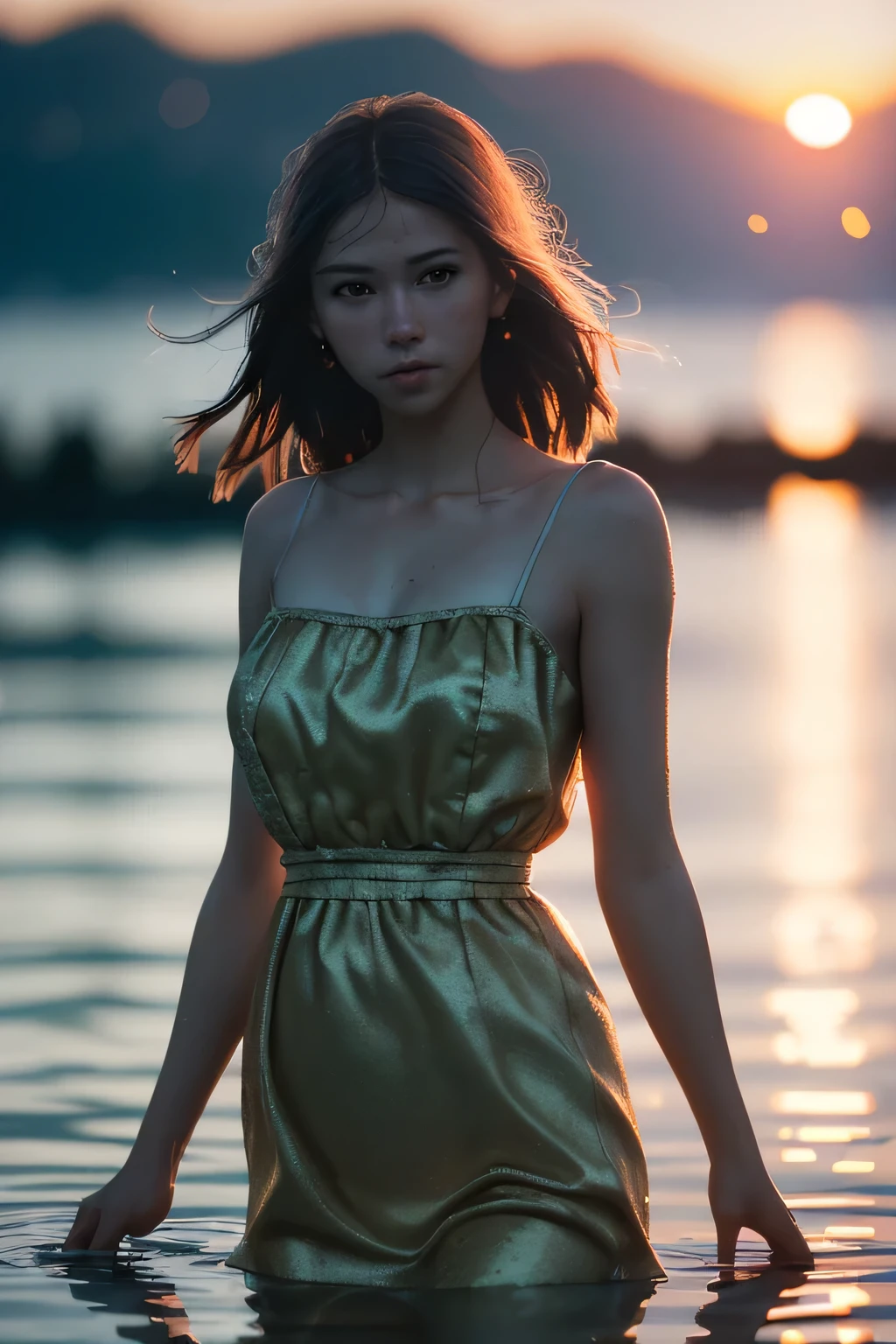 (masterpiece), (very complicated:1.3), (realistic), girl portrait, stood in the water, the most beautiful in the world, (camisole dress), sateen reflection, outdoor, intense sunlight, distant fortress, Stunning female professional photo details, sharp focus, dramatic, Award history, cinematic lighting, Octane Rendering Unreal Engine, volumetrics dtx, (film grain, blurred background, blurred foreground, Bokeh, Depth of the bounds written, sunset, motion blur:1.3)