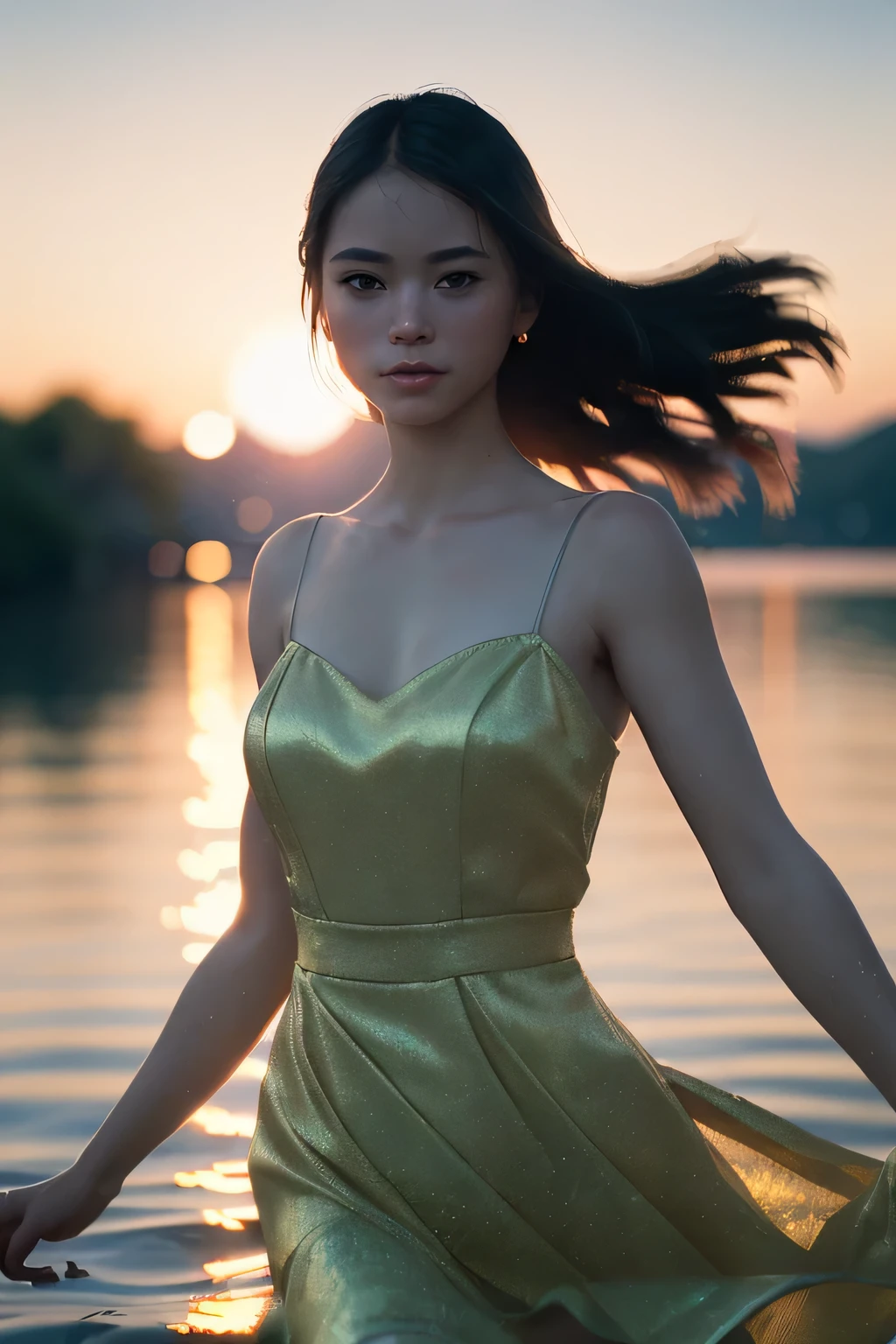 (masterpiece), (very complicated:1.3), (realistic), girl portrait, dancing in the water, the most beautiful in the world, (camisole dress), sateen reflection, outdoor, intense sunlight, distant fortress, Stunning female professional photo details, sharp focus, dramatic, Award history, cinematic lighting, Octane Rendering Unreal Engine, volumetrics dtx, (film grain, blurred background, blurred foreground, Bokeh, Depth of the bounds written, sunset, motion blur:1.3)