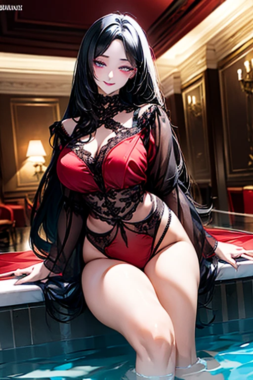 (((Black hair))), long hair, Lilac eyes, sexy, large breasts, beautiful body, masterpiece, smile, (((red lingerie))), sexy lingerie, hotel swimming pool,busty, buxom, curvy, voluptuous