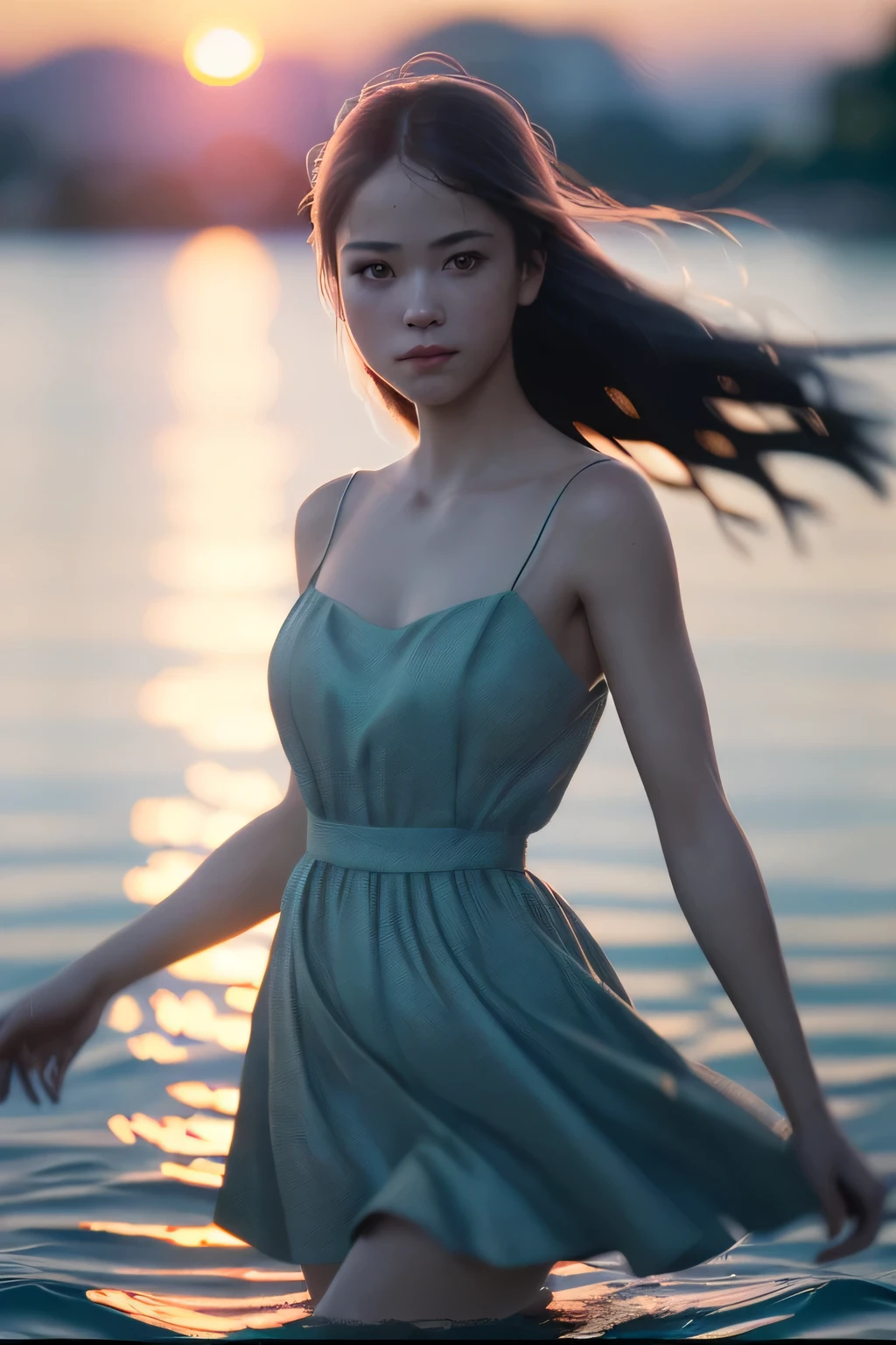 (masterpiece), (very complicated:1.3), (realistic), girl portrait, dancing in the water, the most beautiful in the world, (camisole dress), sateen reflection, outdoor, intense sunlight, distant fortress, Stunning female professional photo details, sharp focus, dramatic, Award history, cinematic lighting, Octane Rendering Unreal Engine, volumetrics dtx, (film grain, blurred background, blurred foreground, Bokeh, Depth of the bounds written, sunset, motion blur:1.3)