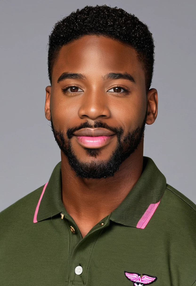 Create me a real picture of a 29 year old black American with brown skin, little ot no visible mustache, side beards, pointed nose and pink lips. He should wear a green American army polo and a green american army trouser. He should also wear a smiling face
