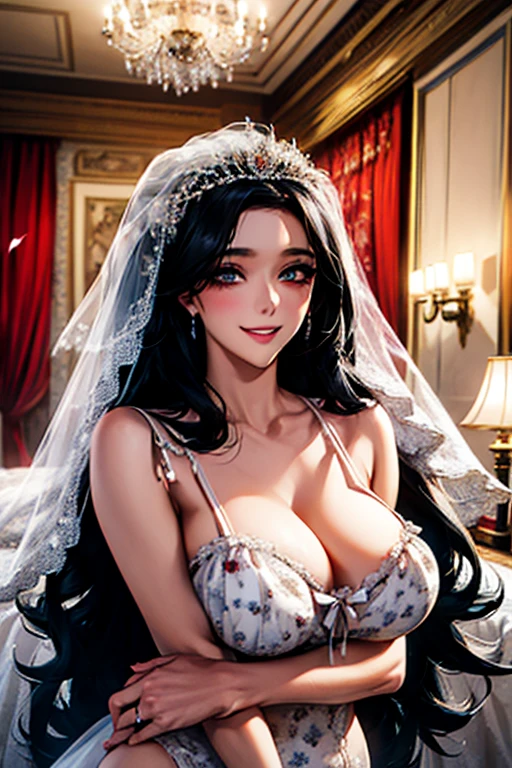 ((Black hair))), long hair, navy eyes, sexy, large breasts, beautiful body, masterpiece, smile, (((wedding dress print lingerie))), sexy lingerie, hotel bedroom,busty, buxom, curvy, voluptuous