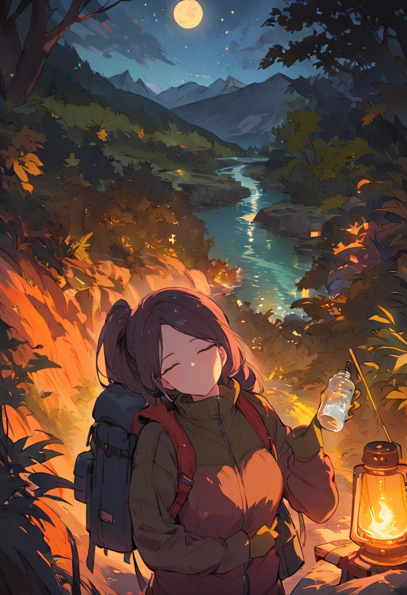 1 female((Upper body selfie, hapiness的)), masterpiece, best quality, Super detailed, alone, outdoor, (night), Mountain, nature, (Star, moon) hapiness, hapiness的, Backpack, sleeping bag, camping stove, Water bottle, Mountain靴, Gloves, sweater, have, flashlight, forest, rock, river, wood, smokes, shadow, Compared, clear sky, analogy style (look at the audience:1.2) (Texture) (film grain:1.3), (Warm colors, Warm colors)