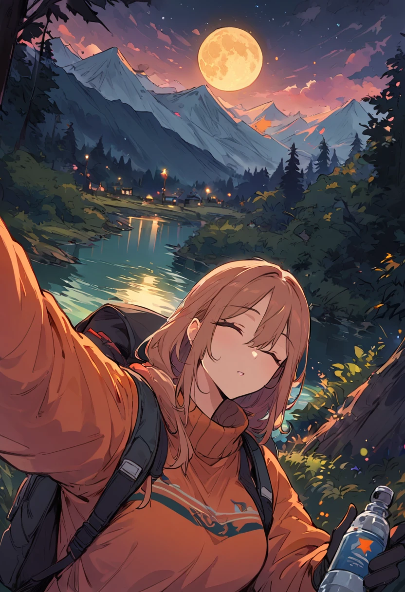 1 female((Upper body selfie, hapiness的)), masterpiece, best quality, Super detailed, alone, outdoor, (night), Mountain, nature, (Star, moon) hapiness, hapiness的, Backpack, sleeping bag, camping stove, Water bottle, Mountain靴, Gloves, sweater, have, flashlight, forest, rock, river, wood, smokes, shadow, Compared, clear sky, analogy style (look at the audience:1.2) (Texture) (film grain:1.3), (Warm colors, Warm colors)