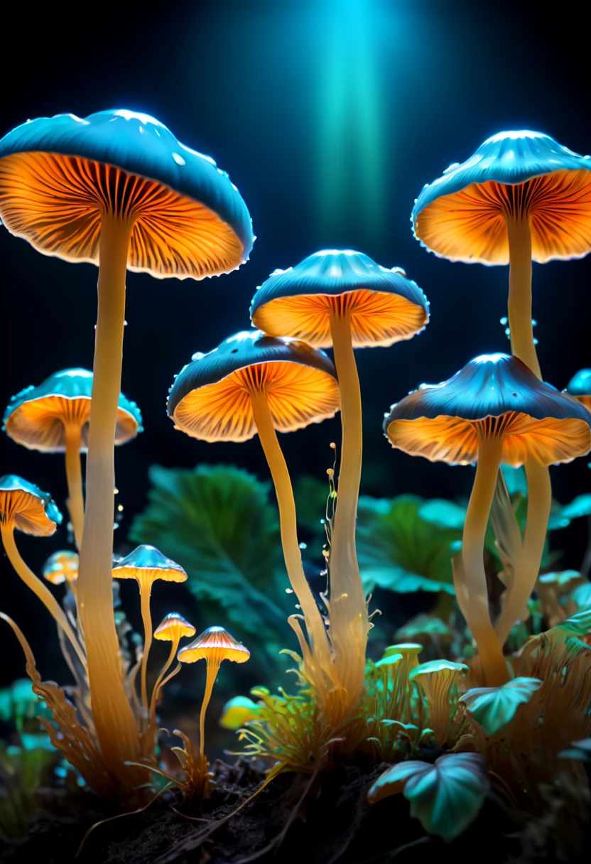 (best quality,Super detailed),professional,close up,Bioluminescent transparent mushrooms,sharp focus,bright colors,studio lighting