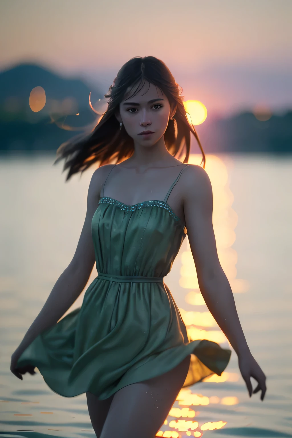 (masterpiece), (very complicated:1.3), (realistic), girl portrait, dancing in the water, the most beautiful in the world, (camisole dress), sateen reflection, outdoor, intense sunlight, distant fortress, Stunning female professional photo details, sharp focus, dramatic, Award history, cinematic lighting, Octane Rendering Unreal Engine, volumetrics dtx, (film grain, blurred background, blurred foreground, Bokeh, Depth of the bounds written, sunset, motion blur:1.3)