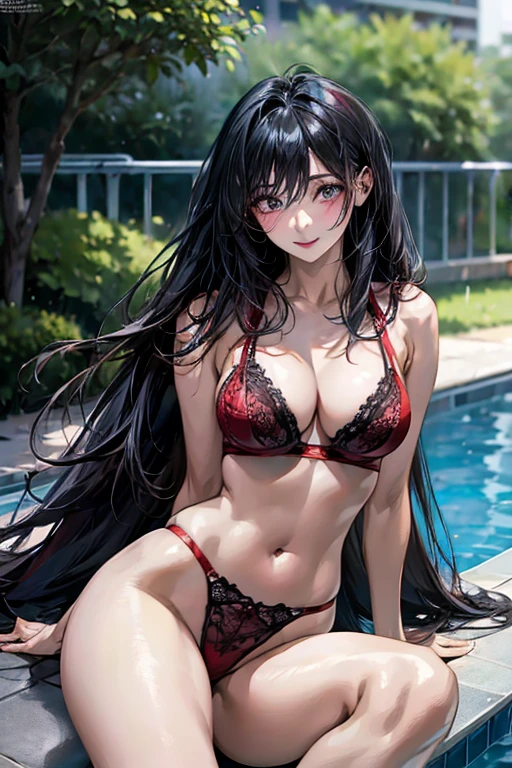 (((Black hair))), long hair, Lilac eyes, ????, ?????????????, beautiful body, masterpiece, smile, (((red lingerie))), ?????????????, hotel swimming pool,busty, buxom, curvy, voluptuous