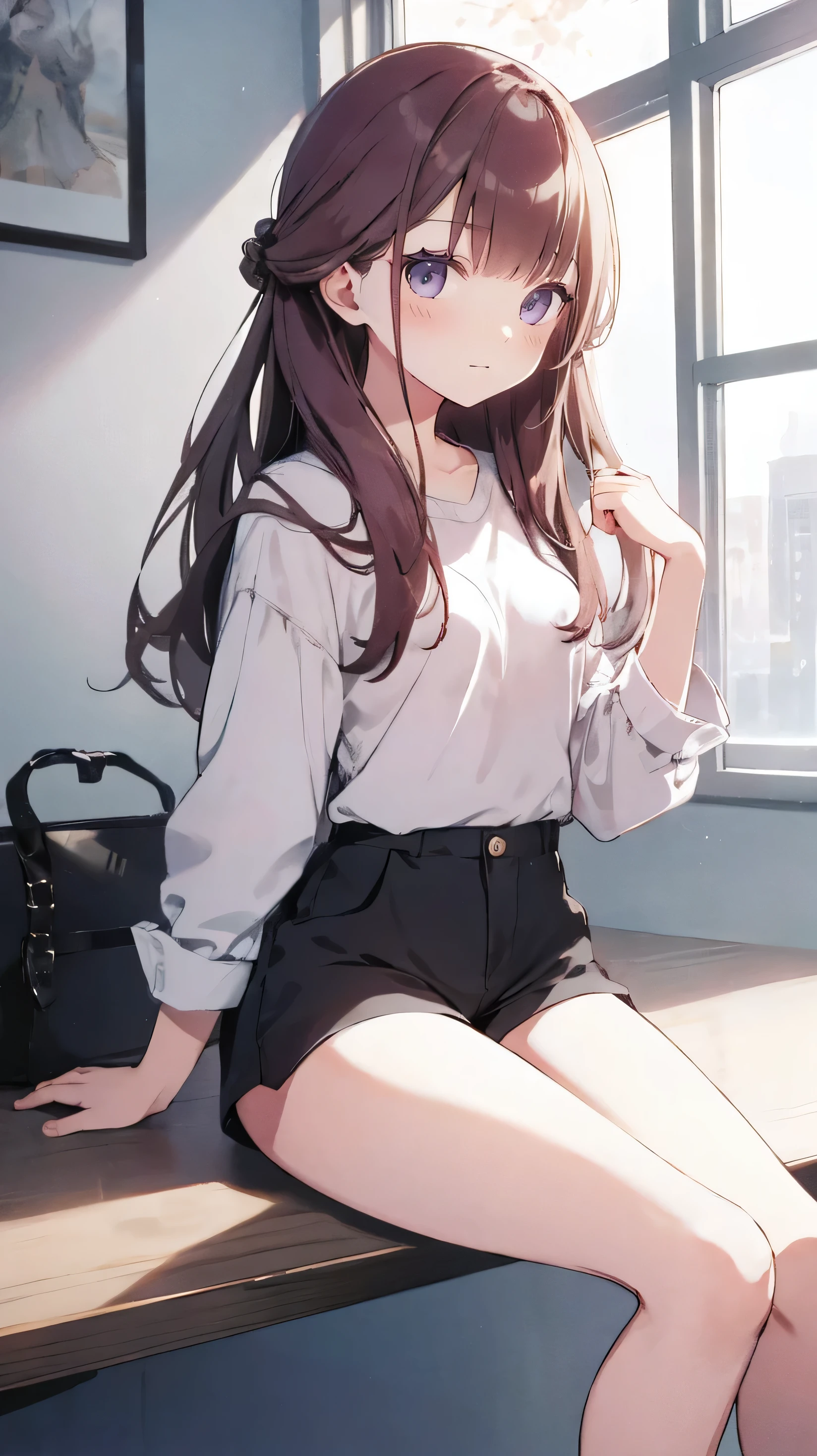 master piece、Highest image quality、highest quality、 ((panic))、glossy hair quality、small face、sitting、Super detailed and beautiful bright eyes、Super detailed clear and beautiful face、(cute illustration:1.2), High-resolution, ultra-detailed, best quality, embarrassed、(Gaps in shorts)、(cute underwear)