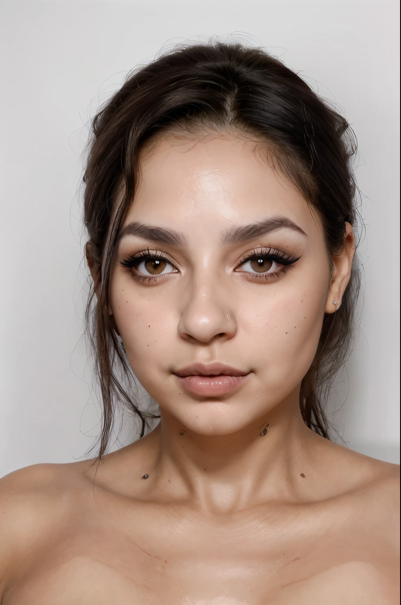 beautiful woman Little cleavage. Glossy lips, glossy skin. Soft light. Cute looking face. Ultra-realistic style. 8K. Raw. ((laid on a bed)))