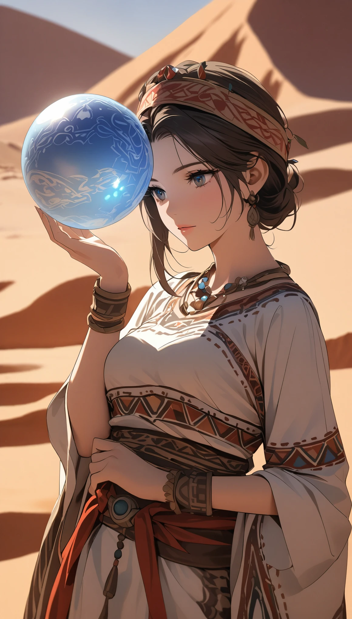 Arafi woman in traditional dress holding a small drum in the desert, A young woman in shamanic clothing, A girl holding a sphere, Movie《silk road》scenery, beautiful youth, Portrait shoot, princess lib, The desert&#39;s vanishing line is below a woman&#39;s waist, The sky is clear and transparent.  