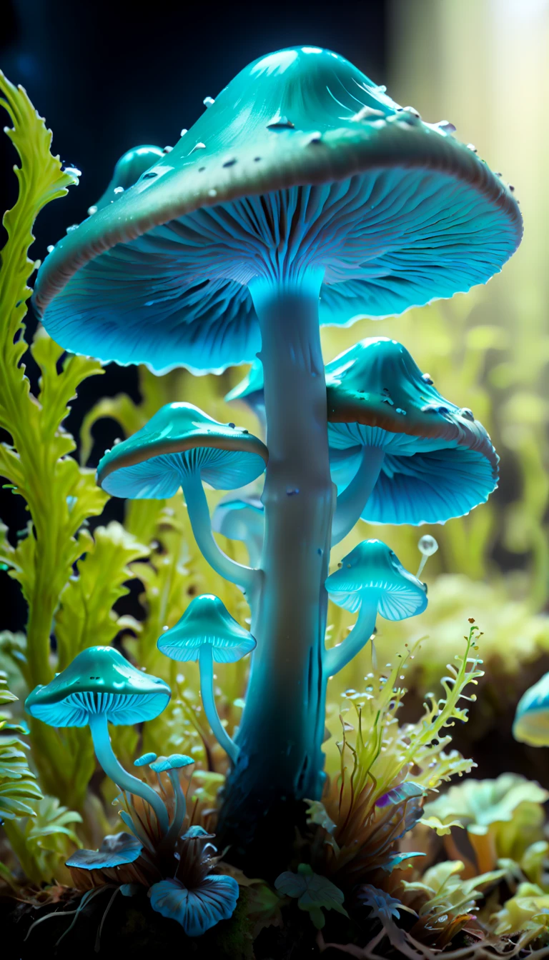 (best quality,Super detailed),professional,close up,Bioluminescent green-blue mushroom,sharp focus,bright colors,studio lighting