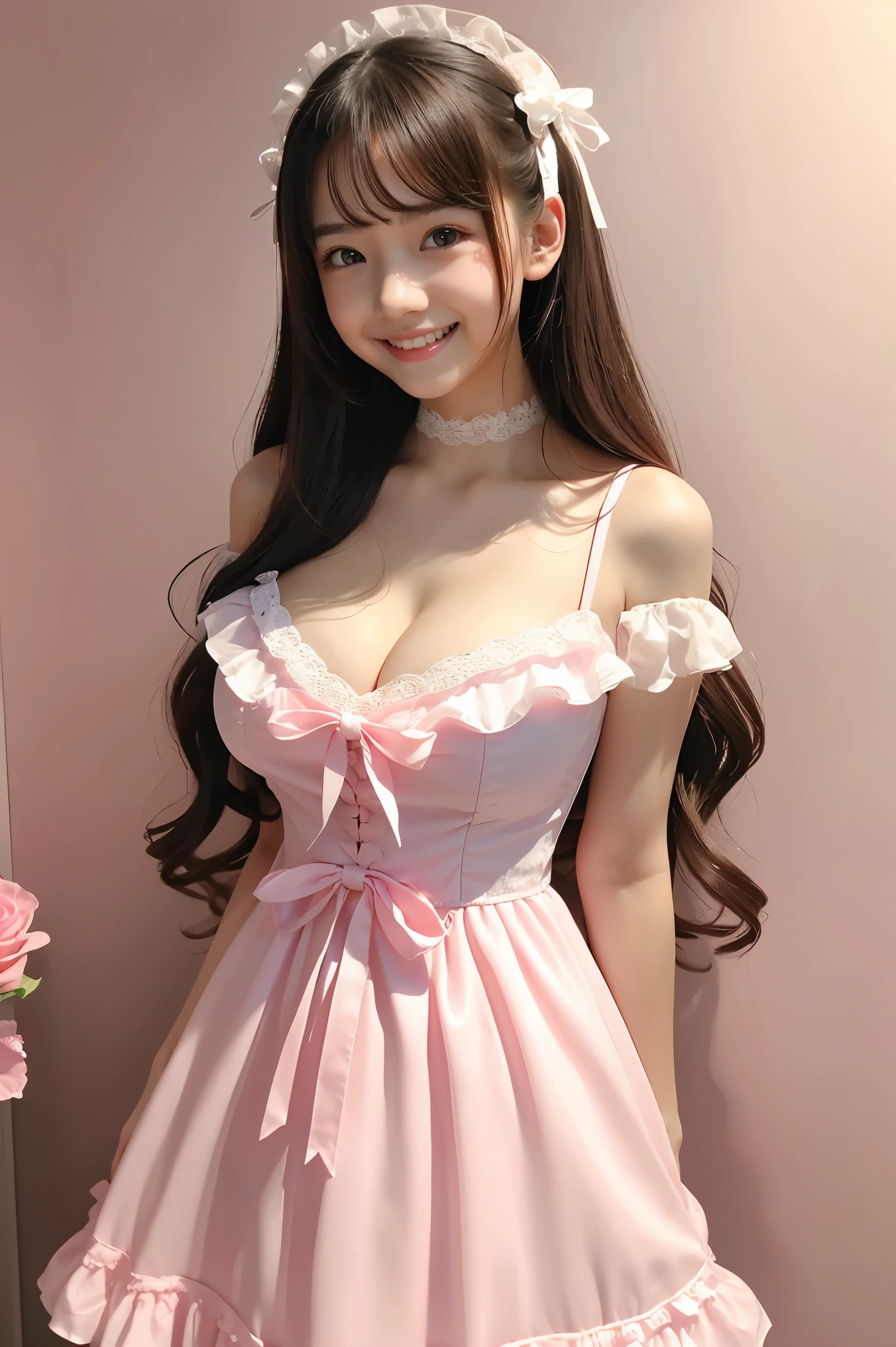 (highest quality、masterpiece、8K、best image quality、hyper realism、Award-winning work)、A cute ****ta girl、(solo:1.1)、(1 photo:1.1)、(A cute, girly, light pink, sheer ****ta dress:1.2)、(Cute girly big ribbon:1.1)、(Cute and luxurious hair accessories:1.1)、(A perfect ****ta dress with intricate details:1.2)、(Cute frilled and ribbon dress:1.1)、(A cute ****ta dress with lace decorations:1.1)、(Cute girly ****ta wavy hair:1.1)、(low length:1.1)、(Height: 140cm:1.1)、(very big breasts:1.2)、(glamorous body:1.1)、(big cleavage:1.1)、(pink rose:1.1)、(Cute heart symbol:1.1)、Lots of cute frills、(big cute ribbon:1.1)、emphasize body line、slender body、Standing gracefully、(Pastel color girly and luxurious ****ta room background:1.1)、(Intricately detailed fairytale ****ta room:1.1)、(A cute room with a girly atmosphere in pastel colors:1.1)、(A cute room with very bright and shiny pastel colors:1.3)、(very bright and vivid:1.3)、(Cute pastel colored wall decorations:1.1)、blurred background、A girl standing gracefully、accurate anatomy、perfect makeup、long eyelashes、glossy lips、Ultra high definition glossy skin、(Ultra-high definition bright and beautiful skin:1.2)、超高精細のglossy lips、Super high definition beautiful teeth