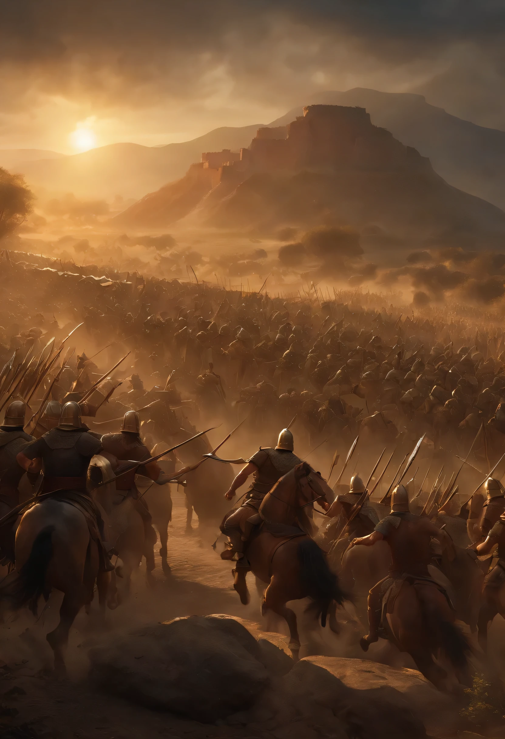 A hauntingly realistic and detailed scene of huns armies clashing with ancient Roman soldiers. Ruins of magnificent infrastructure lie in the background as the savage armies seize and clash over precious lands. The bones of fallen heroes litter the ground as the sun sets, casting long, menacing shadows in the decrepit battlefield, (best quality, ultra-detailed, realistic: 1.37), ancient art style, golden hues, evening sunlight, dramatic shadows, courageous poses, historical accuracy, war art, intense lighting