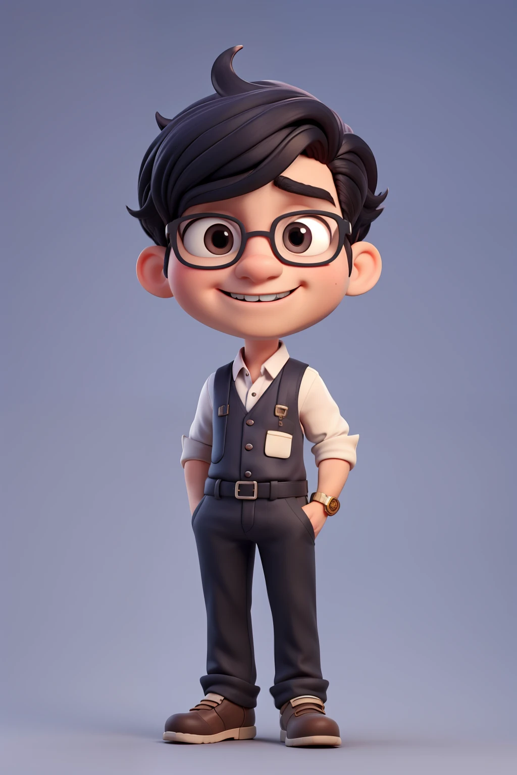 The character is a chibi-style boy with big, round eyes illuminated by a warm light, especially in red color. His thick and prominent eyebrows convey strength yet cuteness. His smile always radiates cheerfulness and energy, reflecting his inherently adorable personality.
Viewed from the front, his outfit consists of a black vest, perfectly tailored to accentuate his handsome physique, paired with a light-colored shirt underneath. He completes his look with a stylish black cap atop his head, adding a touch of charm to his appearance.
From the side angles, his soft and luscious black hair frames his face charmingly, complementing his chiseled jawline and defined features. With his hands casually tucked into his pockets and a slight tilt of his head, he exudes an approachable and friendly demeanor.
His overall appearance is undeniably attractive, with an irresistible combination of charm and charisma. These features, combined with his relaxed posture and endearing personality, make him a captivating chibi boy character.
When rendered using artificial intelligence technology, his image would surely enchant viewers from head to toe, capturing his adorable essence, captivating charm, and undeniable handsomeness((best quality)), ((masterpiece)), (detailed), perfect face